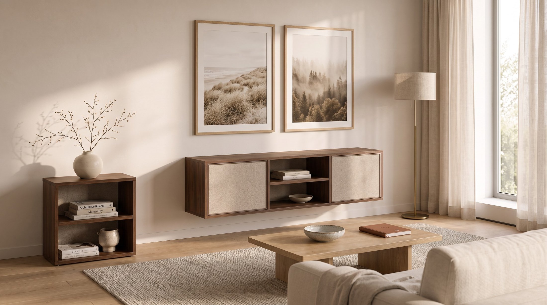 AHLER Wohnraum mit Lowboard, Couchtisch und Beistelltisch