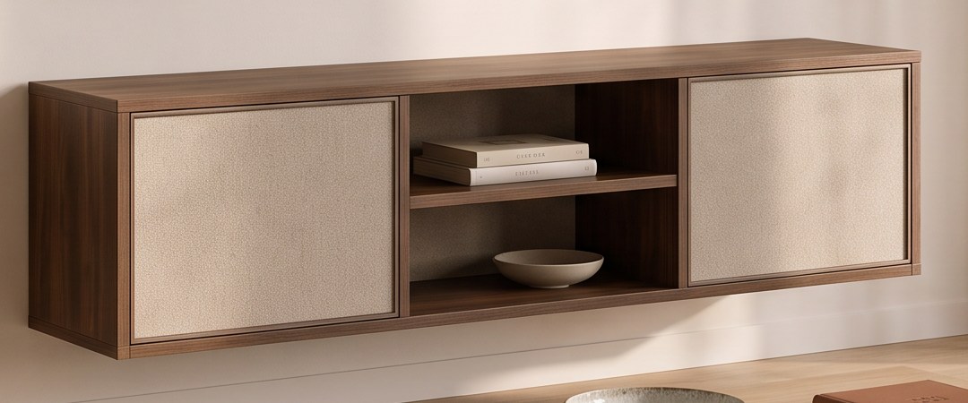AHLER Lowboard, Nussbaum mit Fronten in F416 Textil Beige
