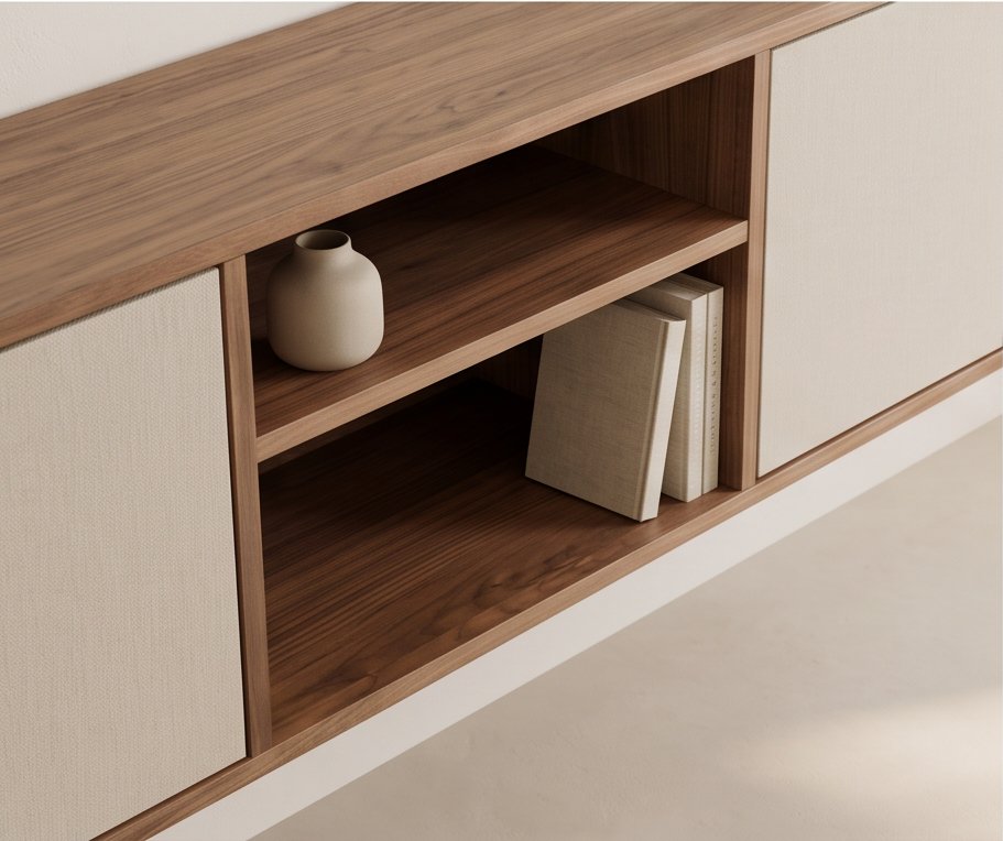 Offenes Mittelfach mit Vase und Büchern, Detail